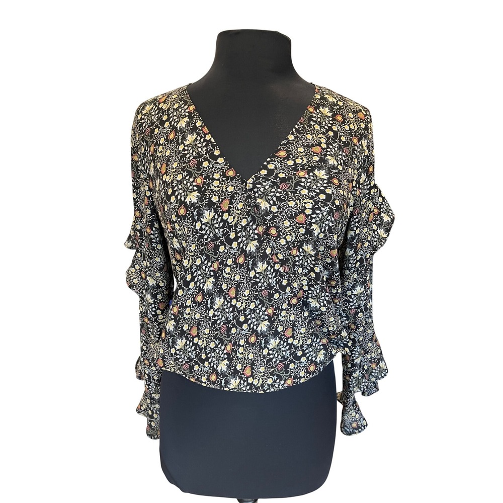 Max Studio Floral Ruffle Sleeve V-Neck Blouson Blouse Black 1708D32